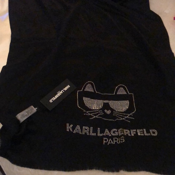 Karl Lagerfeld Black Rectangular Scarf Embellished Stud Choupette & Logo OS NWT - Picture 10 of 16